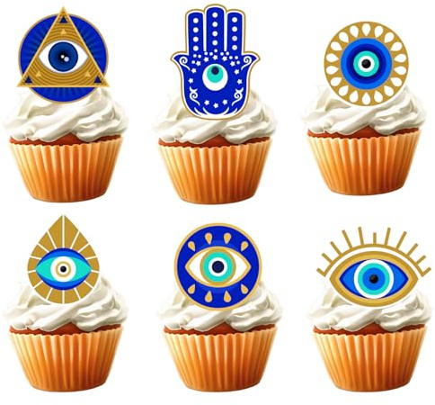 18pcs Evil Eye Cupcake Toppers for Happy Birthday Evil Eye Shaker Egyptian Theme Party Decorations Glitter Luck Egyptian Cake Decorations
