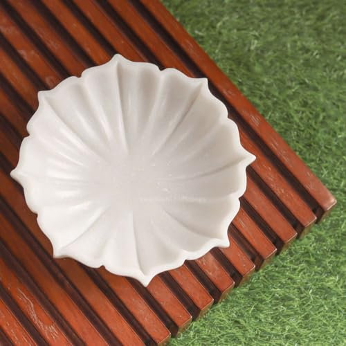 HandCrafted Marble Large Decorative Bowl | White Lotus Marble Bowl for Home Decor | Fluted Scalloped Bowls | Key/Fruit Bowls | Ring Dish | Organic Modern Home Decor Piece (8 Inches)