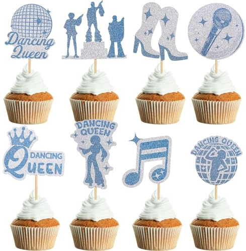SiliFine Disco Dancing 48Pcs Cupcake Toppers, Glitter Toppers, Dancing Queen, Disco Ball, Music Theme, Birthday, Wedding Party Decorations | Glitter Silver Blue Picks, 8 Designs Dancer Silhouettes Microphone Heels Notes Crown, Vintage Style for Birthday Wedding