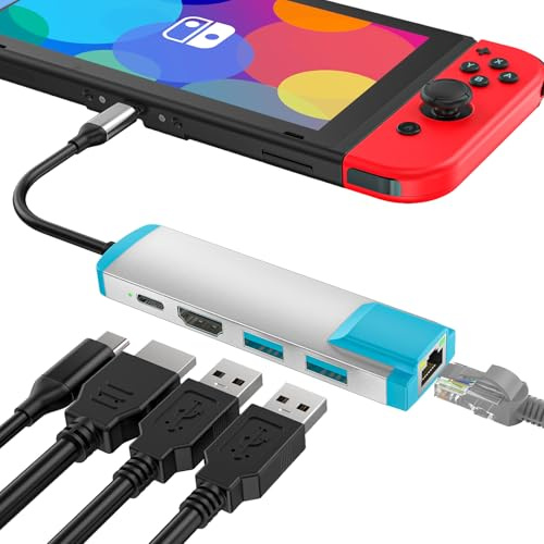USB C to HDMI Adapter for Switch and Switch OLED,Replacement for Official Switch Dock,USB C Docking Station with 4K@60Hz HDMI Port/Type C Port/USB 3.0 Port/1000M LAN