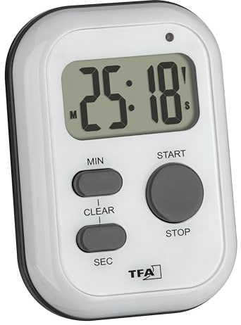 TFA Dostmann Digitaler Timer mit Stoppuhr, 38.2053.02, Alarmton (laut)/Vibration/Blinklicht, Küchentimer, Eieruhr, für Sport oder Prüfungen oder Gehörlose geeignet, An-Aus-Schalter, weiß