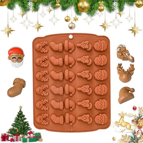 DTYGUIXE Molde de Chocolate de Navidad, Molde de Silicona para Hacer Chocolate en Formas de Papá Noel Ciervo Calcetín Sombrero Bastón Molde de Silicona para Dulces Galletas Bombones Jabones