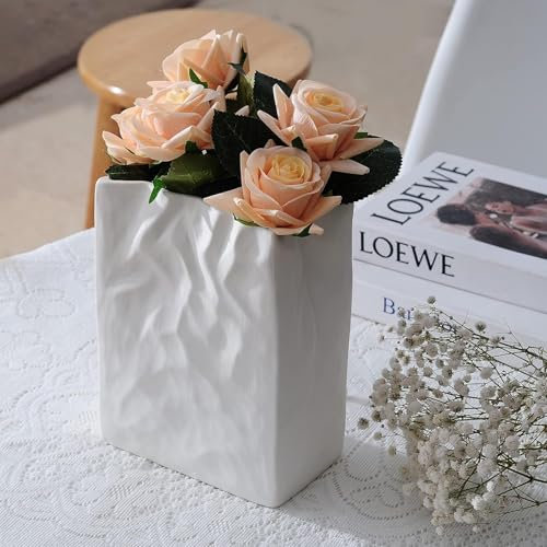 Trusttread Vase en Sac De Papier Froissé, Vase Carré Blanc en Céramique, Style Bohème Unique Et Simple, pour Composition Florale, Centre De Table, pour Une Décoration D'intérieur Moderne Et Élégante