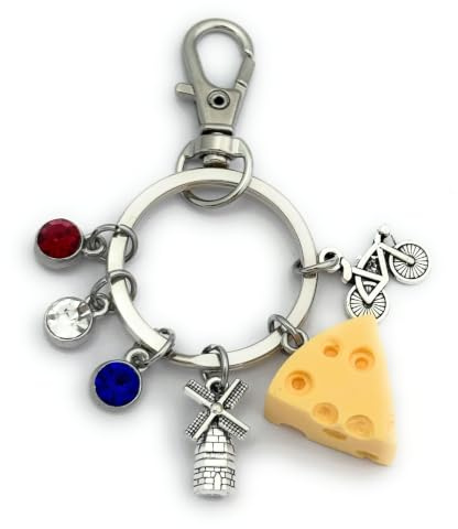 FizzyButton Gifts Dutch Holiday Themed Charm Keyring Key Ring with Windmill, Cheese, Bicycle and Red, White and Blue Rhinestone Charms with Lobster Clasp