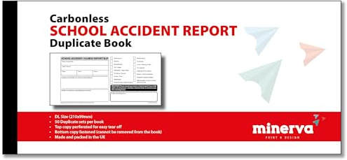 Lot de 20 carnets de rapports d'accidents NCR Compact – Dossiers en double pour incidents et maladies scolaires, format DL 210 x 99 mm