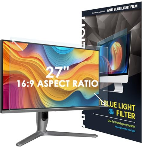 SOPPY 27 Inch Blue Light Blocking Screen Protector, Screen Film for Monitor, Removable Anti Blue Light Filter for 16:9 Aspect Ratio Computer, Easy on/off, Eye Protection