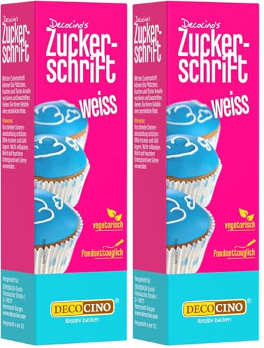 Decocino Zuckerschrift in Weiß Lebensmittelfarben-Schrift praktische Tube zur Beschriftung von Fondant & Glasuren Back-Deko für Torten, Kuchen & Cup-Cakes! (Packung mit 2)