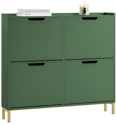 SoBuy Schuhschrank schmal mit 4 Klappen platzsparender Schuhkipper Hoch Kommode mit 4 Ablagen Schuhregal geschlossen Shoe Cabinet Flurschrank für Diele Flur Garderobe 100x91x19cm Dunkelgrün FSR100-SY