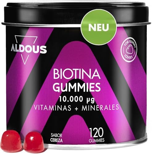 Biotina Gummies 10.000 mcg - 120 Gummies - Sabor Cereza - Gominolas para el Pelo - Acido Folico, Zinc, Selenio, Yodo + Vitaminas - Biotina para el Cabello - Vitaminas Pelo Piel y Uñas - Multivitaminas