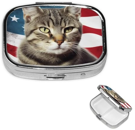 Pillendose, Medikamentendose, amerikanische Katze, USA-Flagge, kleine Pillendose, Reise-Pillenbehälter, tragbare Pillendose für Tasche, 2 Fächer, Pillendosen für Reisen