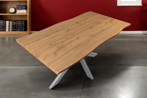SAM Esstisch Josy | 200 x 100 cm | Holz Wildeiche-Optik | Spider-Gestell Metall Silber | 40 mm Tischplatte mit Baumkante | Tisch für Esszimmer & Küche