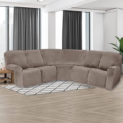 Samt-Sofabezug in L-Form, 5-Sitzer-Couch-Schonbezug mit dickem, weichem und waschbarem Stoff, brauner Ecksofa-Schutz für Wohnzimmer