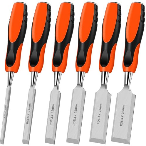 ROELLY Ciseaux a Bois Professionnels 6 Pièces, 6, 12, 19, 25, 32, 38 mm, Gouge a Bois,Outils Menuiserie,Lames Tranchantes Avec Poignées Confortables pour La Sculpture Sur Bois