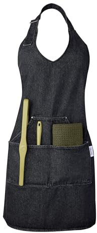 Sallys Denim-Schürze - aus 100% Baumwolle, Kochschürze 4 praktische Taschen Verstellbare Träger V Ausschnitt Kochschürze Männer und Frauen
