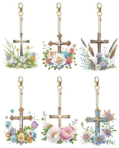 Larfraecy 6 Stück Diamant-Malerei Schlüsselanhänger mit Kreuz & Blumen-Design 5D DIY Diamond Painting Schlüsselanhänger Doppelseitige Schlüsselbund Anhänger für Kinder Geschenk