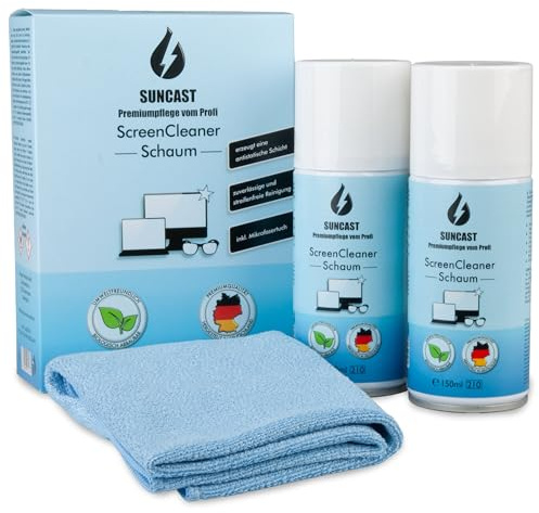 SUNCAST Display Reiniger Set 2x150ml mit Mikrofasertuch – Bildschirmreiniger Schaum für TV, Laptop und Monitor – Made in Germany