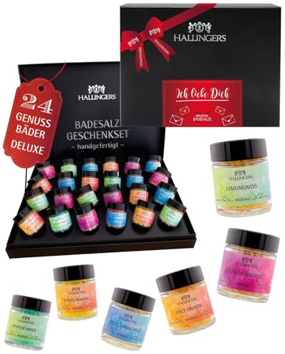 Hallingers Genuss Manufaktur Badesalze Valentinstagsgeschenk-Set - 24x Badezusatz mit Totes Meer Badesalz edle Geschenkbox, Badekristalle Fußbad & Spa Ich Liebe Dich, Valentintstag für Frauen Männer