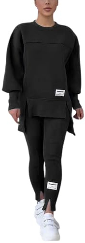 Lässiges Damen-Sweatshirt-Legging-Set, einfarbig, Rundhalsausschnitt, Lange Ärmel, Schlitzsaum, Übergröße, 2-teiliges Outfit Damen Kostüm Elegant Hochzeit für Damen mit Hose Business Anzug Sportlich