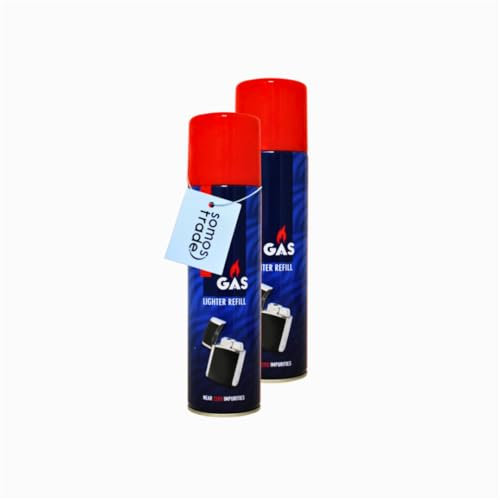 SomosTrade | 2 x 300 ml Feuerzeuggas für Feuerzeuge | mit 5 Adaptern | Nachfüllgas | Nachfüller Gas | Flamierbrenner | Sturmfeuerzeuge | Stabfeuerzeuge |