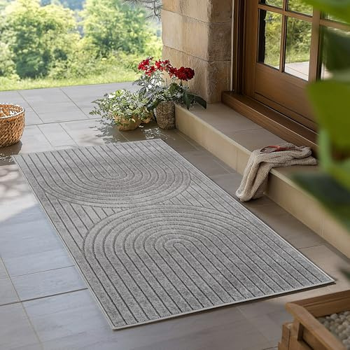 Teppium Kurzflor Teppich Läufer 80x150 cm Grau Wohnzimmer Schlafzimmer 3D Hoch-Tief-Effekt, Skandinavisch Boho Motiv, für Outdoor Bereich geeignet Terrassen oder im Balkon