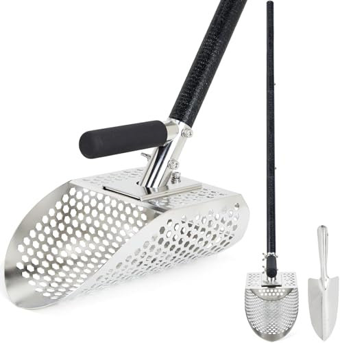 Sand Scoop for Metal Detecting, Stainless Steel Detector Shovel , Metal Detector Shovel with Long Fiberglass Handle, Metal Detector Accessories, Metal Detecting Accessories, Beach Scoop Sand Sifter