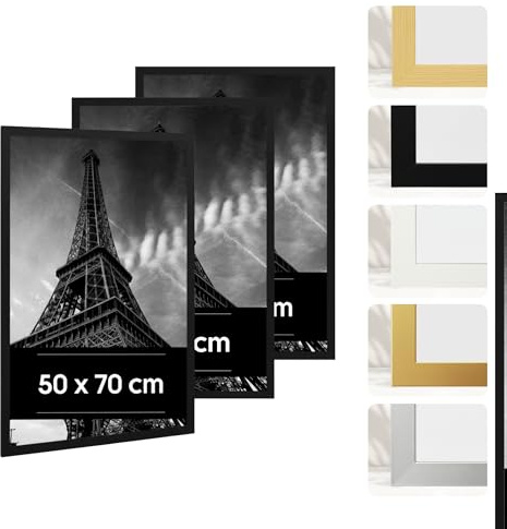Estancia 3 Stück Schwarze Bilderrahmen aus Kunststoff, 50x70 cm – 3er-Pack 50 x 70 cm Rahmen mit Bruchsicherem Acrylglas – Moderner Fotorahmen für Wände und Tische