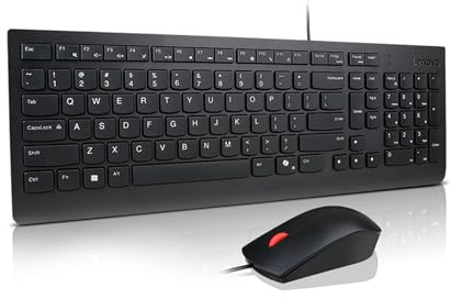 Lenovo Combo Tastiera + Mouse Cablato Essential – USB, Layout Compatto con Tastierino, Mouse Ergonomico 1600 DPI, Design Anti-Schizzi, Tasto Copilot – Nero