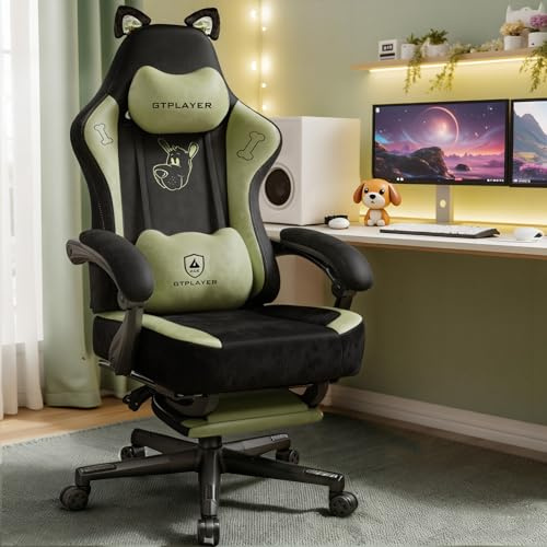 GTPLAYER Gaming Chair Fabric, High Back Computer Chairs with Footrest for Adults Ergonomic Lumbar Support Height Adjustable Swivel PC Chair with Cat Ears