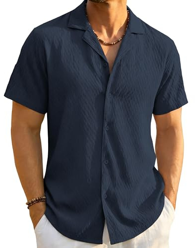 EKLENTSON Mens Cuban Guayabera Short Sleeve Shirts Lightweight Button Down Summer Top Casual Lightweight Shirt Navy XXL