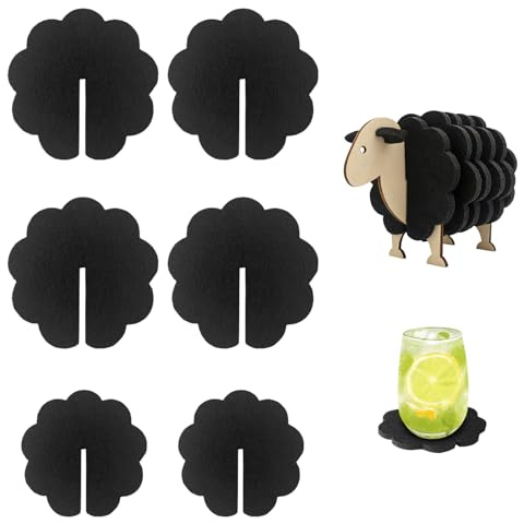 HAPPOW 6PCS Filzuntersetzer, Schafförmige Glas Untersetzer, Glasuntersetzer Filz mit Schaf-Aufbewahrungsregal, Niedliche Küchendekoration, für Zuhause, Café(Black)