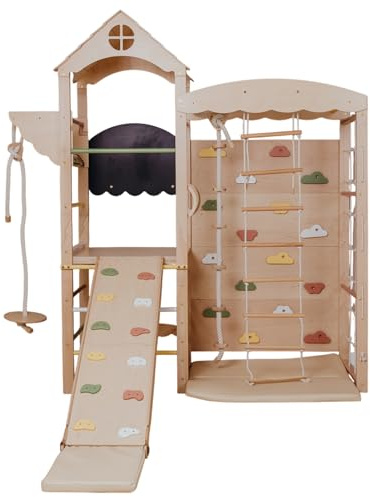 Wood And Hearts Indoor Klettergerüst aus Holz – Jungle Gym für Kinder 3–8 Jahre, Kletterturm für Kleinkinder, Kletterwand Indoor, Spielturm für Zuhause (Standard Set)
