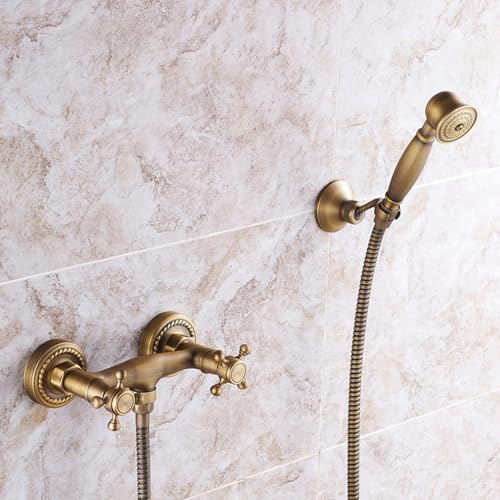 XJTNLB Wannenarmatur mit Brause Duscharmatur Messing Antik 2-Griff-Wasserhahn Kreuzgriff Wand Dusche Armatur