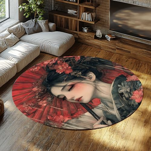 Via Vela Japanisches Anime Mädchen runder Teppich 80cm 3D Geisha großer Kreisteppich Vintage rot floral waschbar Faltbarer Vorleger Mädchenzimmer Balkon