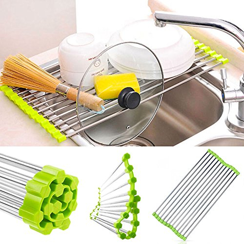 SHOP-STORY - Escurridor Plegable Antideslizante de Acero para Fregadero - Secado de Platos de Frutas y Verduras - Se Puede Utilizar como colador y reposición Plana - Tamaño 37 x 23 cm - Color Verde
