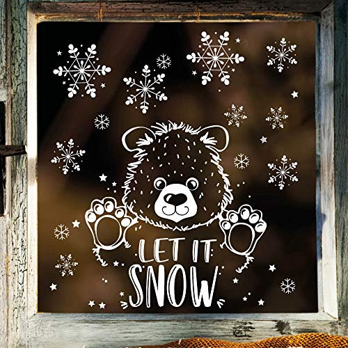 Wandtattoo Loft Fensterbilder Weihnachten mit Bär & Schneeflocken – Wiederverwendbar – A3 Bogen, 22 Sticker – Weihnachstdeko Fenster Kinderzimmer, Weihnachtsbilder Fenster, Fensterbild Winter Sterne