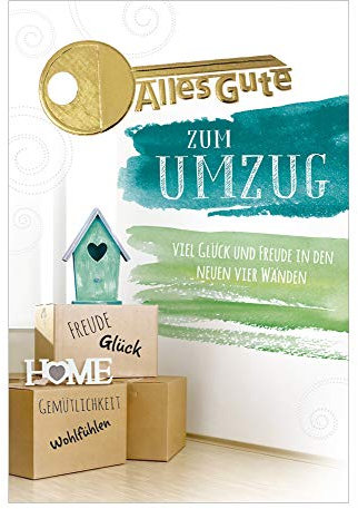 KE - Premium Umzugskarten Set, DIN A6 Klappkarten mit Umschlag, Glückwunsch zum Umzug, Prägekarte ohne Innentext, Verpackt in Folie, Motiv: Schlüssel
