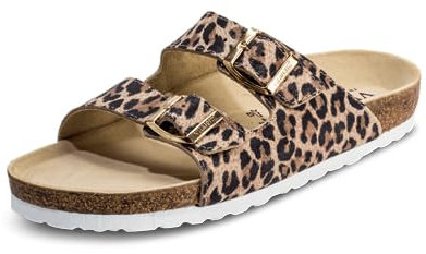 VITAFORM® Pantoletten für Damen und Herren | Animal Print | Vollrind-Leder | Dämpfendes Luftpolster Fussbett | Reinstes Naturkork | Weite H | Schlangen-Muster | Größe 39
