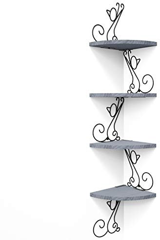 Alsonerbay Corner Shelf Wall Mount of 4 Tier Corner Shelves Rustic Wood Floating Shelf Cat Shape Metal Corner Stand for Bedroom Living Room Bathroom Kitchen Office and More Grey