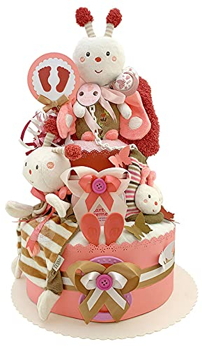 MomsStory - Windeltorte Mädchen | Windelgeschenk Schmetterling Biene | Baby-Geschenk zur Geburt Taufe Babyparty | 2 Stöckig (Rosa) XL Geburtsgeschenk