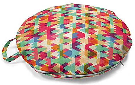 ABAKUHAUS Indie Rundes Bodenkissen mit Griff, Bunte Triangles, dekoratives Kissen für Wohnzimmer & Schlafsäle, 45 cm, Mehrfarbig