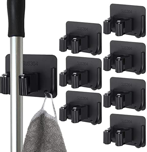 YAYODS Broom Mop Holder, 8Pcs Wall Mounted Mop Broom Holder Mop Holder with Hook, Heavy Duty Mop Broom Organiser for Kitchen, Closet, Bathroom, Garage