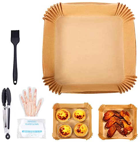 AUTOECHO 50pcs Parchment Paper Set - Square Round s Liners Kit with Clip Tong - Waterproof Airfryer Pad Mat Kit with Gloves BrushTong for Kitchen Grilling Roasting Accessories