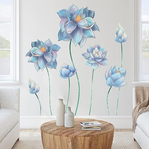 COVPAW® Wandtattoo Wandaufkleber XXL Blumen Blau Lotus Skizzieren Wandsticker Wandbild Bilder Wohnzimmer Schlafzimmer Poster Mural Home Decor