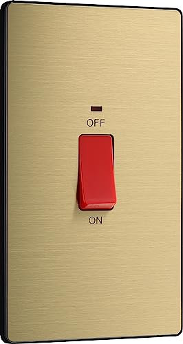 BG Electrical Large Cooker Control Switch Unit with LED Power Indicator, Double Plate, Double Pole, Screwless Front Plate, Evolve, Satin Brass, 45A, PCDSB72B