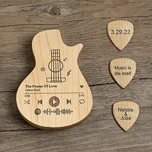 Gitarrenplektren aus Holz mit 3 Plektren, graviert, Spotify Song Gitarre Plektrum-Box, Holz-Gitarrenplektren für E-, Akustik- oder Bassgitarre, Ahornholz