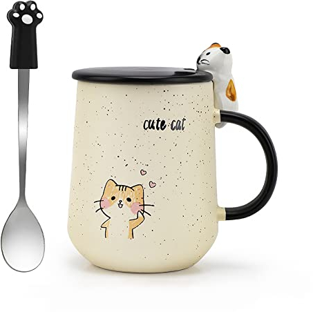 KIPIDA Taza Gato Cerámico Café, Tazas Personalizadas de Cerámica, Regalo Original, Taza Desayuno con Estampado de Gato, con Tapa y Cuchara, Regalo para Mujeres Mamá, Bodas, Cumpleaños
