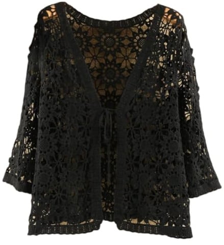 Strickjacken Für Damen,Damen Bolero Shrug Kurze Strickjacke 3/4 Ärmel Gehäkelte Spitzenbluse Jacke Vorne Krawatte Strickjacke Vorne Offen Boho Festival Jacke Elegante Strandabdeckungen Für Kleider