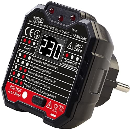 revolt Steckdosenprüfer: Steckdosentester mit LCD-Display, RCD-Test, LED-Anzeige, 48-250 Volt (Fi Tester, Prüfstecker, Steckdosen Prüfen)
