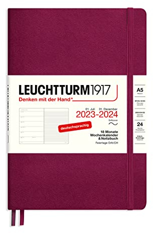 LEUCHTTURM1917 367861 Wochenkalender & Notizbuch Softcover Medium (A5) 2024, 18 Monate, Port Red, Deutsch