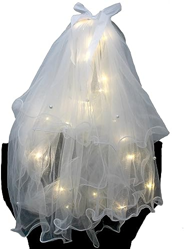 Ucult Leuchtender Schleier mit Perlen & Schleife weiße LEDs I LED Perlen-Hochzeitsschleier weiß leuchtend I JGA Brautschleier mit Dekoperlen I Brautschleier I Kostüme